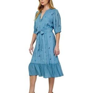 NEW FIGUEROA FLOWER Blue Floral Embroidered Puff Sleeve Midi Dress Belt Size‎ S
